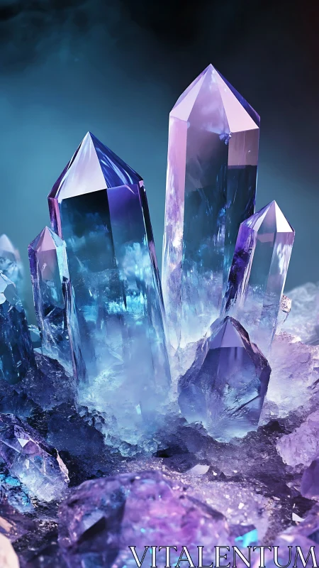 Luminous amethyst crystal cluster rises in glowing blue mist