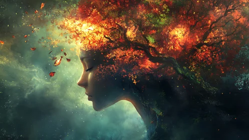Dreaming forest spirit merges with burning autumn canopy.