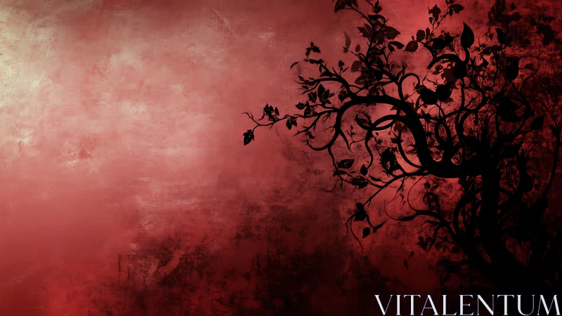 Tree silhouette on textured red gradient background.