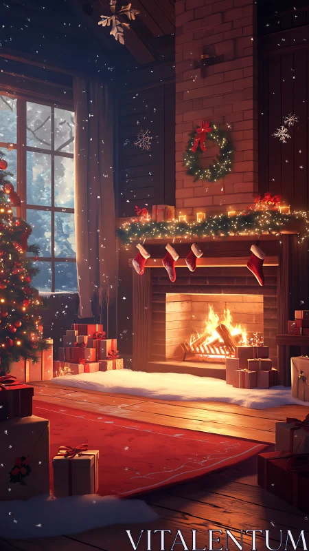 Cozy winter cabin glows with a warmly lit Christmas hearth