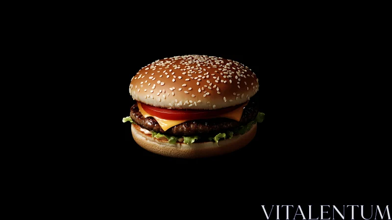 Sesame-crowned burger floats in spotlighted midnight space