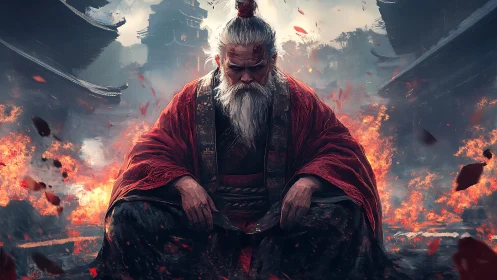 War-weary samurai lord broods amid burning temple ruins.