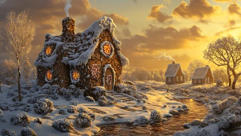 Sugared winter cottage quietly simmers under caramel skies