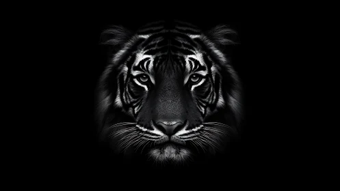 Monochrome tiger portrait with high-contrast frontal symmetry.