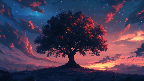 Twilight tree glowing quietly beneath a painted sky.