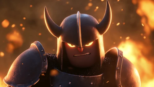 Armored horned warrior rendered in high-contrast emissive firelight