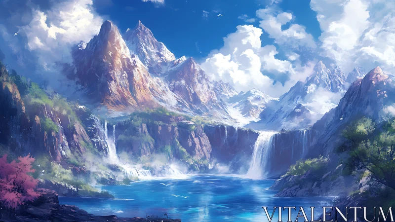 Vast fantasy mountains surrounding bright blue lake.