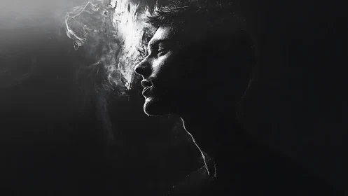 Side profile silhouette of man in low key smoke study.