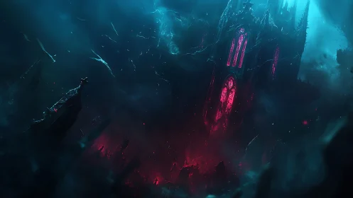 Haunted cathedral drifts in neon mist above a cursed realm