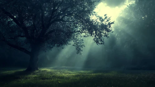 Sunbeams filter through a misty forest clearing at dawn.