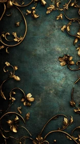 Ornate gilded floral scrollwork frames textured teal surface