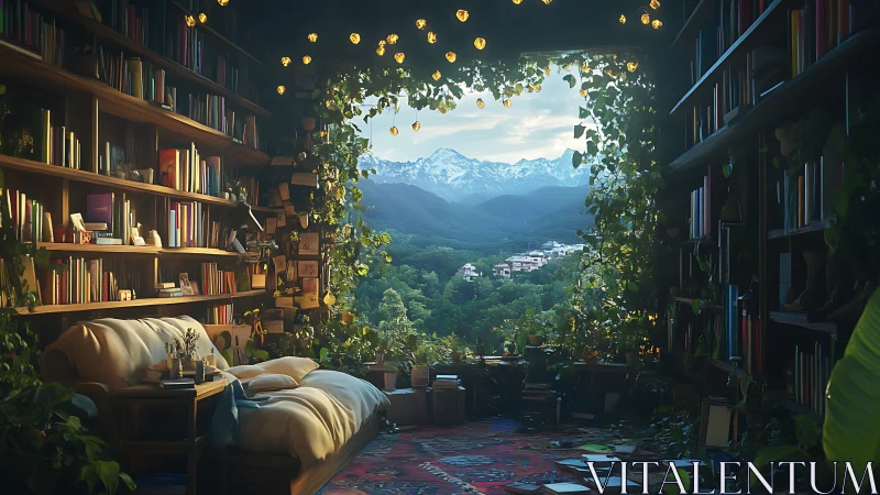 Interior library-bedroom overlooks distant mountain landscape