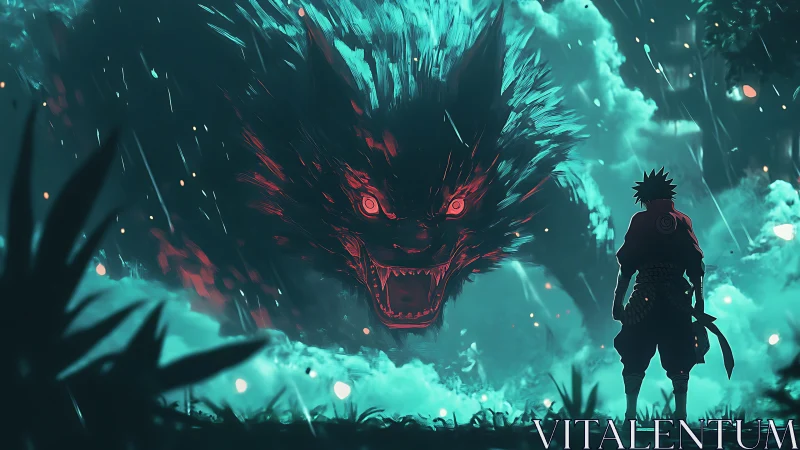 Silhouetted warrior faces large spectral wolf in teal storm