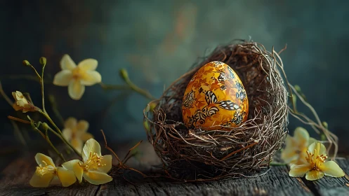 Decorated golden egg in nest with yellow flowers on wood.