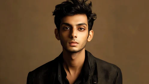 Moody studio portrait of young man in soft warm light.