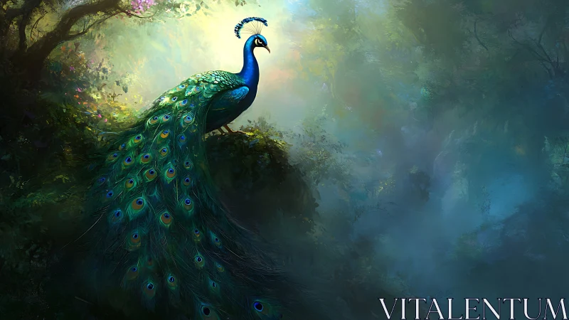 Luminous forest peacock with iridescent caudal plumage rendered.