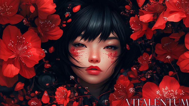 Digital portrait of woman surrounded by dense red flowers.