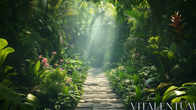 Sunlit forest pathway through dense tropical vegetation.