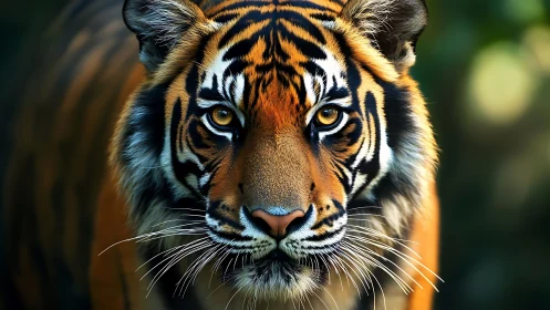Tiger faces camera with detailed fur, whiskers and gaze