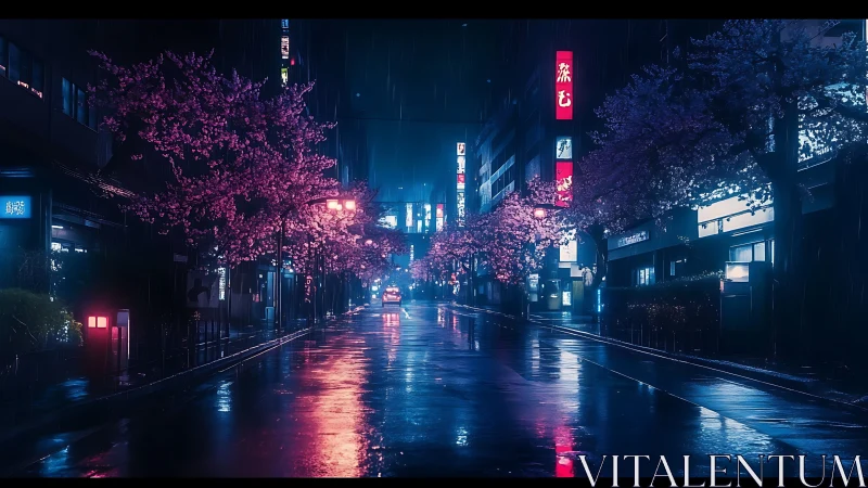 Nocturnal neon boulevard under rainlit sakura reflections.
