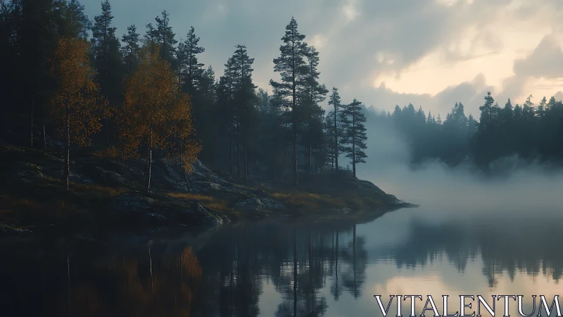 Foggy conifer forest reflects on calm lake at dawn