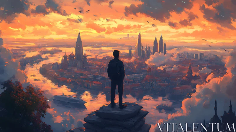 Dreamy city sunrise watched from a quiet cliffside overlook.