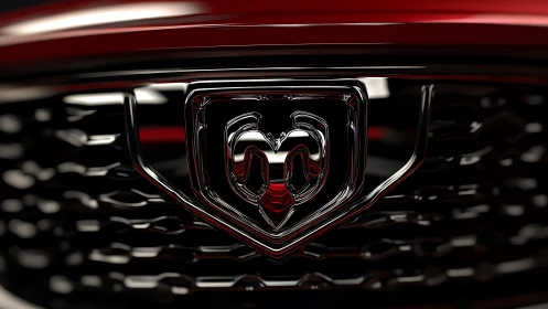 Chrome automotive badge macro with specular grille reflections.