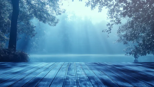 Quiet blue lakeside deck bathed in soft morning light.