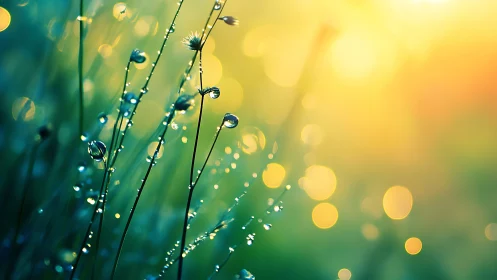 Morning dew glows gently in soft golden sunlight.