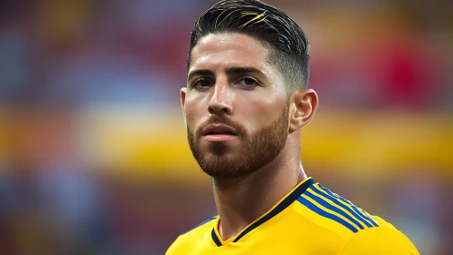 Male soccer player in yellow jersey on blurred stadium field.