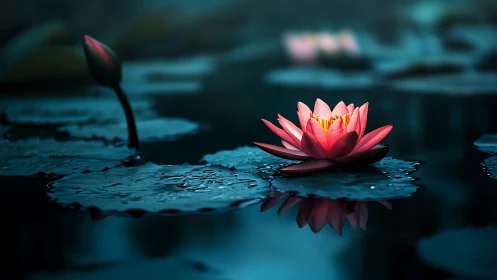 Pink Water Lily Floating Among Lily Pads in Teal Pond