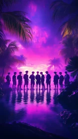 Neon dusk silhouettes beside tropical lagoon reflections.