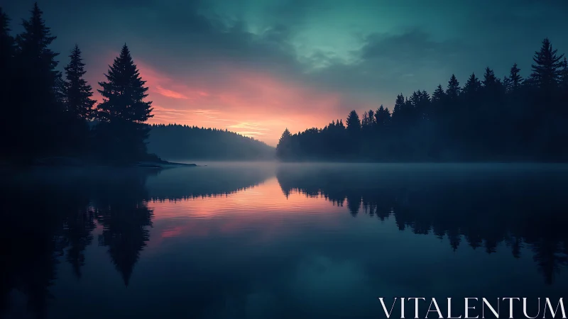 Cinematic lake sunrise with mirrored conifer silhouettes.