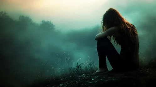 Silhouetted person seated on misty hillside at dusk.