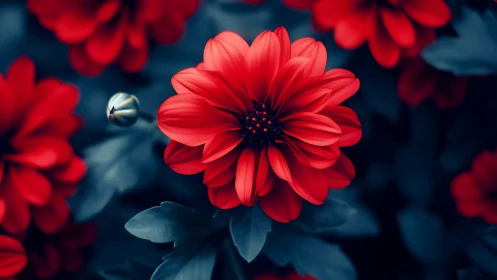 Crimson garden bloom glows gently against deep blue leaves
