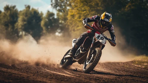 Motocross rider leaning into dusty turn on dirt track.