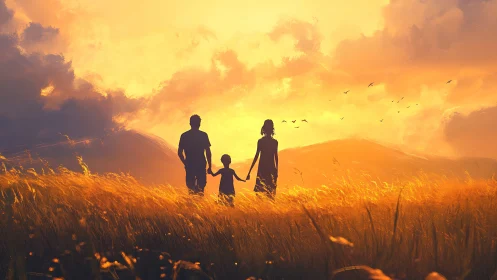 Silhouetted family crosses golden field at blazing sunset.