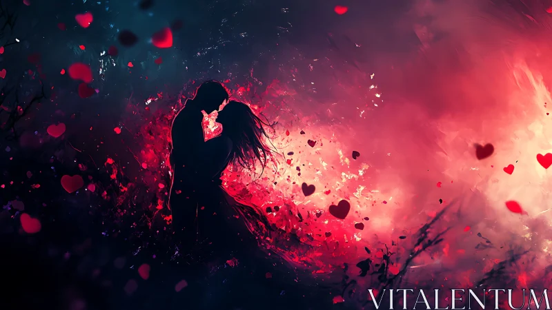 Silhouetted Couple Amid Radiant Heart Particles and Luminous Red Mist.
