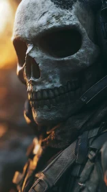 Weathered skull-masked soldier in cinematic sunset light.