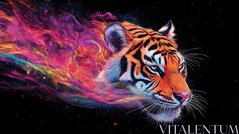 Neon cosmic tiger head blazes forward through swirling starlight