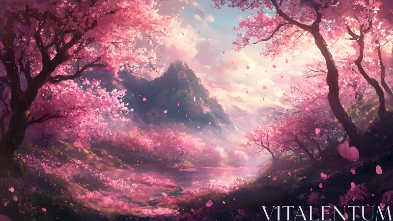 Blossom-drenched valley cradling a dream-bright mountain dawn.