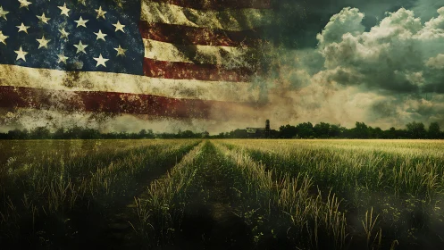 Weathered US flag overlay above storm-lit rural farmland.