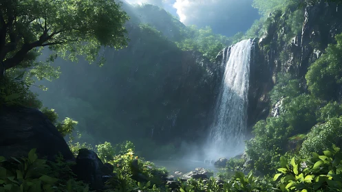 Dense forest canyon with central waterfall and misted pool.