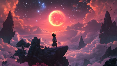 Lone warrior surveys crimson moon above cloud mountains