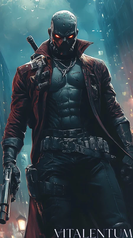 Armored vigilante with glowing eyes in rain soaked cyber alley