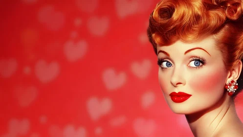 Cherry-lipped retro muse against a daydream of rosy hearts.