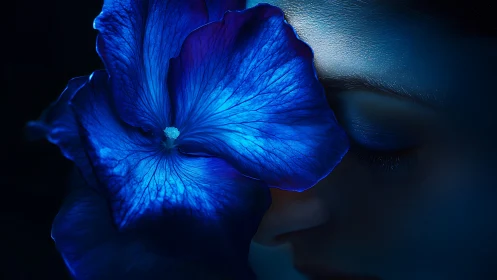 Midnight blue flower cradling a quiet, dreaming face.