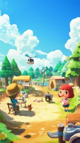 Pastoral Campsite Rendering: Digital Landscape with Anthropomorphic Characters.