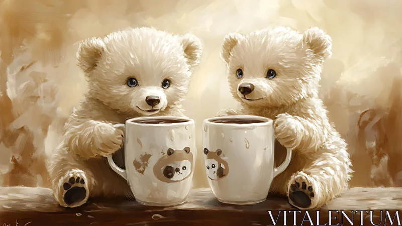 Digital painting of teddy bear duo sharing oversized cocoa mugs.
