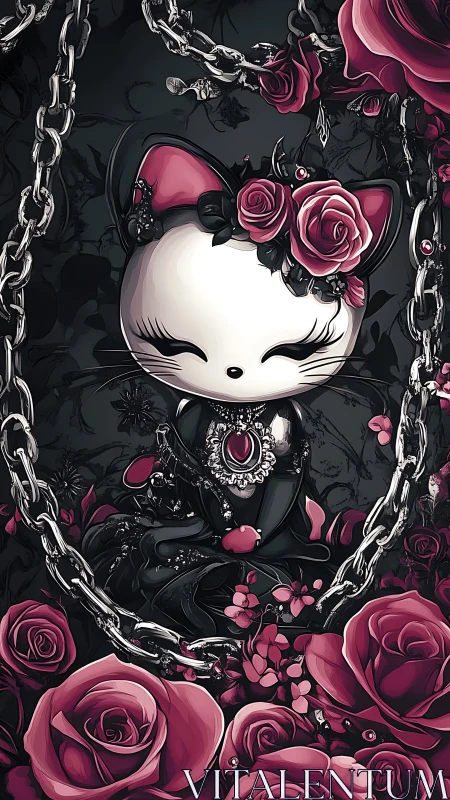 Enchanting Goth Kitty Cat in Roses and Chains